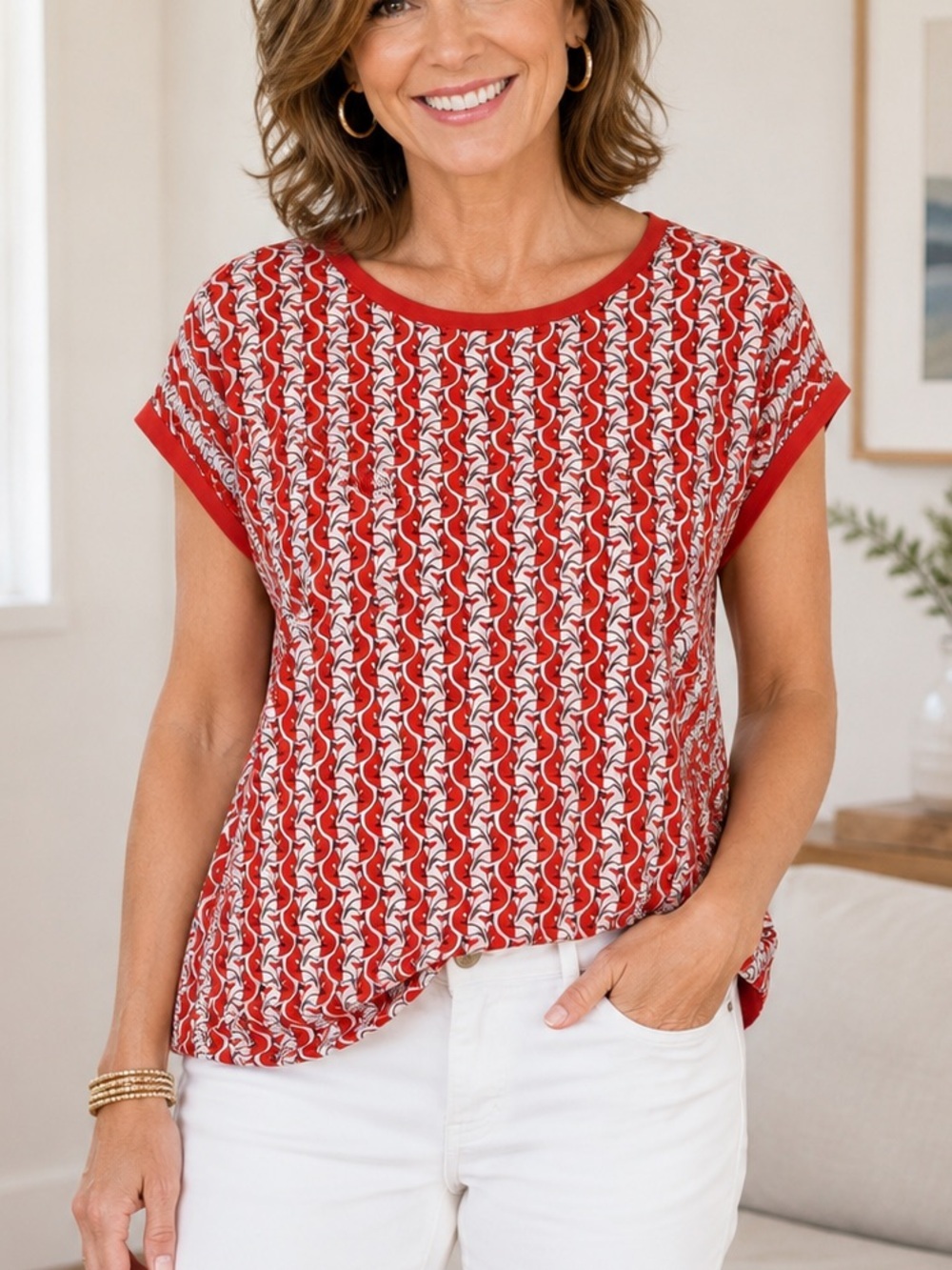 WE Red White Geometric Fox Novelty Print Short Cap Sleeve Lightweight Blouse Top